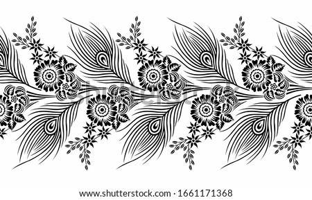 Seamless black and white peacock feather border with flowers