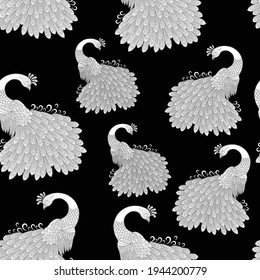seamless black and white  peacock  pattern 