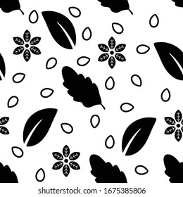 Seamless Black and White Petals and Leaf Pattern