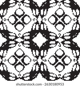 Seamless Black and White Pixel Art Pattern with Interlocking Geometric and Diamond Shapes