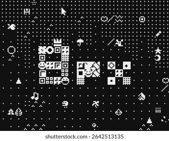 Seamless black and white pixel art background in 8-bit retro style, filled with abstract icons, symbols, nostalgic video game design, t-shirt prints, NFT art, wallpapers, and digital aesthetics. 