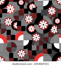 seamless black white red flower and arabesque pattern