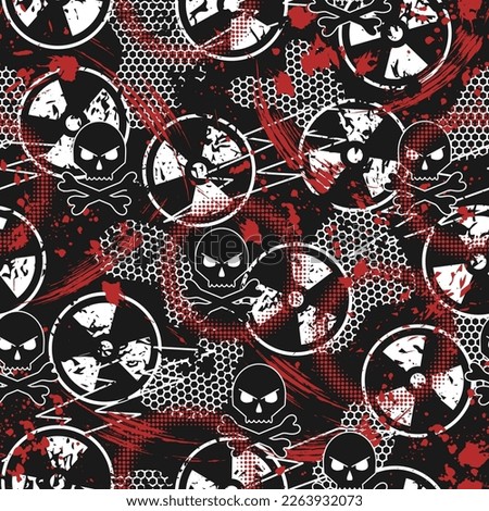 Seamless black, white, red pattern with ionizing radiation symbol, paint brush strokes, skull and crossbones, hexagon net. Good for apparel, fabric, textile, sport goods. Trash polka style