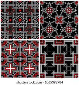 Seamless black white and red patterns. Classic geometric backgrounds for wallpapers and textile