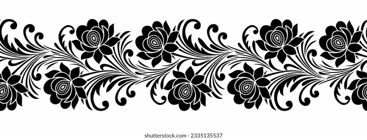 Seamless black and white rose flower border design