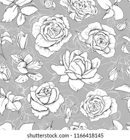 Seamless black and white rose pattern. Excellent for fabric, wallpaper, gift boxes, background greeting cards and invitations of the wedding, birthday, Valentine's Day