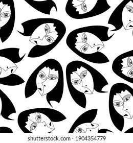 Seamless black and white simple abstract vector pattern of lined portraits of cubist girl face. The design is perfect for stickers, packages, decorations, textiles, surfaces, stationary