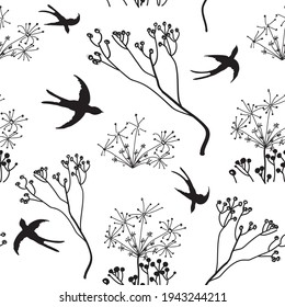 Seamless black and white sketch pattern with hovering swallows and abstract dry flowers 