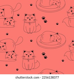 Seamless black and white sketch pattern with cute doodle cat characters on a red background. 