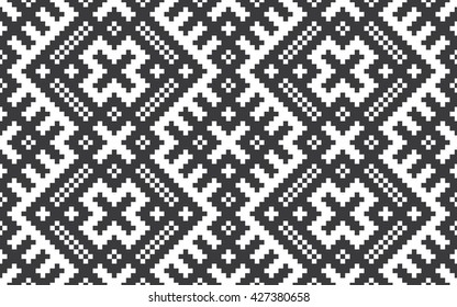 Seamless black and white slavic pixel ethnic textile pattern vector