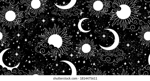 Seamless Black And White Space Pattern With Sun, Crescent And Stars On A Blue Background. Mystical Ornament Of The Night Sky For Wallpaper, Fabric, Astrology, Fortune Telling. Vector Illustration