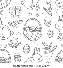 Seamless black and white spring Easter pattern with bunnies and Easter eggs and baskets in cartoon doodle style. Illustration background.