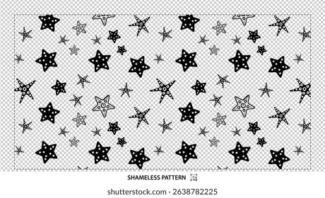 Seamless black and white starfish pattern with various sizes on transparent background