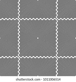 Seamless black and white striped background. Geometric pattern with visual distortion effect. Illusion of rotation. Op art.