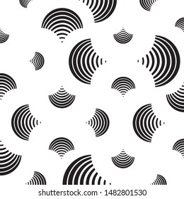 Seamless Black And White Striped Size Variation Petals White Background Two-Tone Vector Pattern