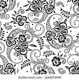 Seamless black and white swirly floral pattern design