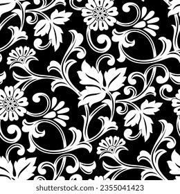 Seamless black and white swirly flower pattern design