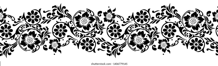 Seamless black and white textile floral border