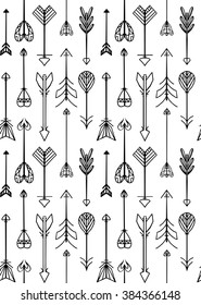 Seamless black and white texture with Boho arrows. Vector background for websites, invitations, scrapbooking and your design