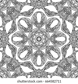 Seamless black and white texture with a boho pattern. Vector doodle background for fabrics, wallpaper and your creativity. Coloring for adults.