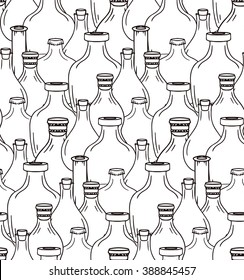 Seamless black and white texture with bottles and jars. Vector background for your creativity