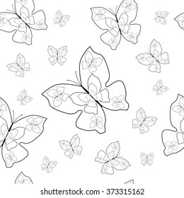 Seamless black and white texture with butterflies on white background
