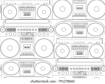 Seamless black and white texture with contour tape recorders and boom boxes. Vector pattern for fabrics, wallpaper and your creativity