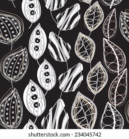 Seamless black and white texture with delicate leaves.