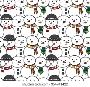 Seamless black and white texture with doodle snowman for your creativity