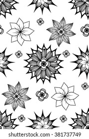 Seamless black and white texture with doodle flowers. Vector background for your creativity