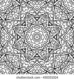 Seamless black and white texture stained. Template for coloring book. Doodle circular pattern