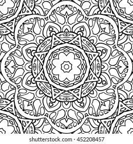 Seamless black and white texture stained. Template for coloring book. Doodle circular pattern