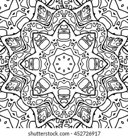 Seamless black and white texture stained glass. Template for coloring book. Doodle circular pattern