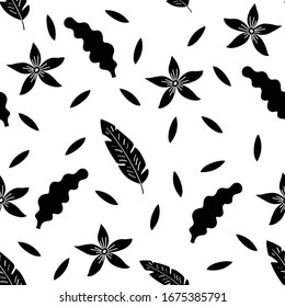 Seamless Black and White Thin Leaf and Flower pattern