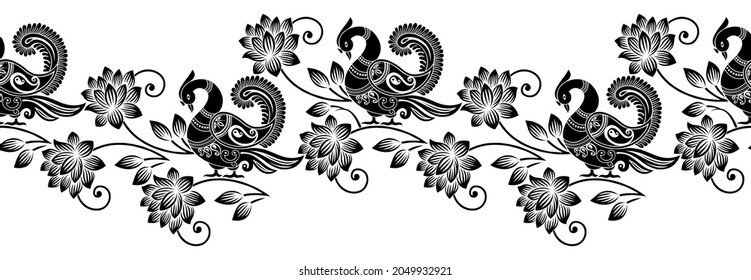 Seamless Black And White Traditional Asian Peacock Border