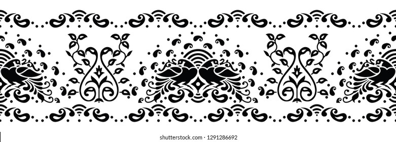 Seamless black and white traditional indian peacock border
