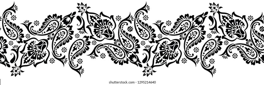 Seamless Black And White Traditional Indian Paisley Border