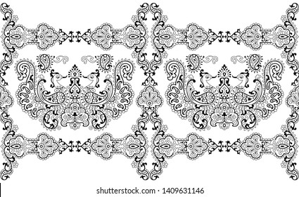 Seamless black and white traditional indian peacock border