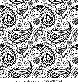 Seamless black and white traditional indian paisley, vector