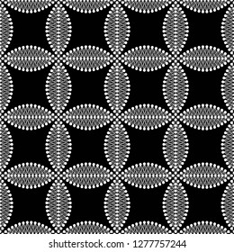 Seamless black and white trellis pattern of dotted leaves and flowers with intersections. Vector Illustration.