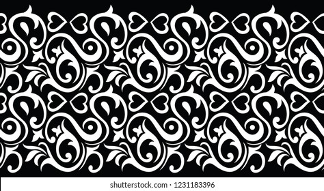 Seamless black and white tribal floral border