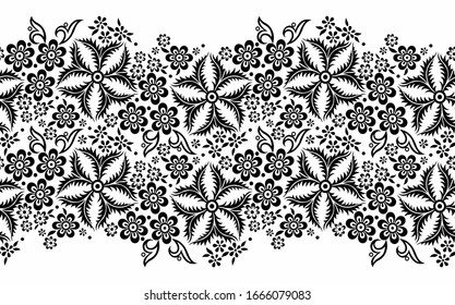 Seamless black and white tribal floral border