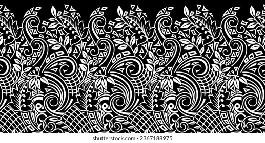 Seamless black and white tribal floral border design