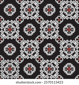 A seamless black and white tribal geometric design with red accents. Perfect for wallpapers, fabric, packaging, and digital art projects.