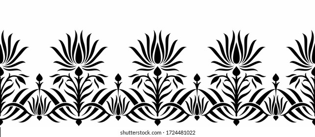 Seamless black and white tribal lotus floral border
