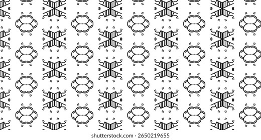 Seamless black and white tribal pattern with symmetrical geometric and floral motifs. Perfect for textiles, wallpapers, and backgrounds.