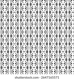 Seamless black and white tribal-inspired abstract pattern, featuring curved shapes, dots, and symbols. Ideal for backgrounds, textiles, and decorative art.