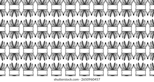 Seamless black and white tribal-inspired geometric pattern with symmetrical feathers and abstract shapes, ideal for backgrounds, textiles, and surface designs.