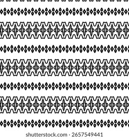 Padrão tribal inspirado em preto e branco contínuo com motivos geométricos e simétricos. Perfeito para têxteis, fundos ou projetos de design étnico.