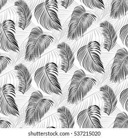Seamless black and white tropical pattern of Palm branch and leaves. Vector illustration.